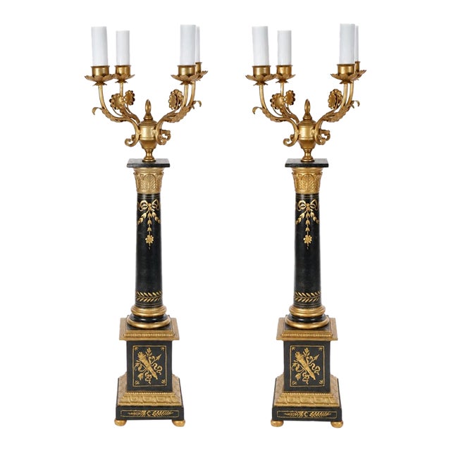 20th-Century Italian Neoclassical Style Black Gilt Painted Wood Torchiere Lamps For Sale