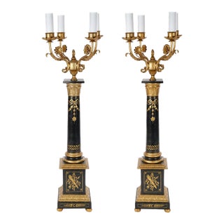 20th-Century Italian Neoclassical Style Black Gilt Painted Wood Torchiere Lamps - Pair For Sale