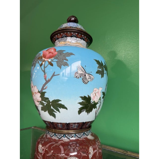 Large Japanese Cloisonne Enamel Lidded Vase Dragons Peonies Butterflies Goto For Sale - Image 11 of 18