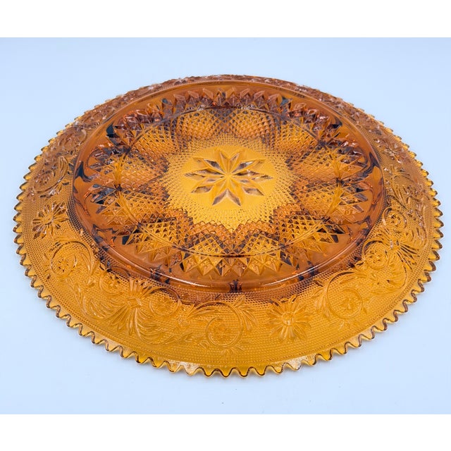 American 1960s Indiana Sandwich Glass Tiara Amber Deviled Egg Serving Platter Sawtooth Rim 12" For Sale - Image 3 of 5