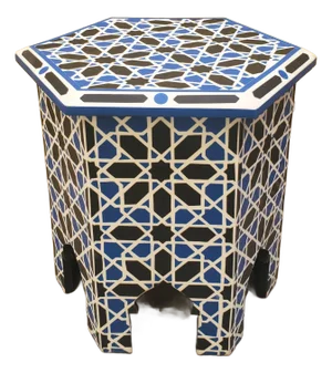Contemporary Traditional Moroccan Resin and Walnut Wood Side Table / Blue, Black and White Zellige Pattern