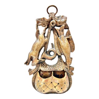 Antique Fireplace Brass Match Safe & Wall Match Holder - Rabbit and Bird Motif - Victorian Match Striker For Sale