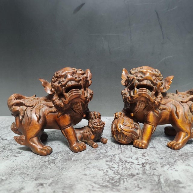Late 20th Century Pair of Boxwood Carved “Ruyi Lion” Statues – Auspicious Chinese Wood Sculpture Set For Sale - Image 4 of 9