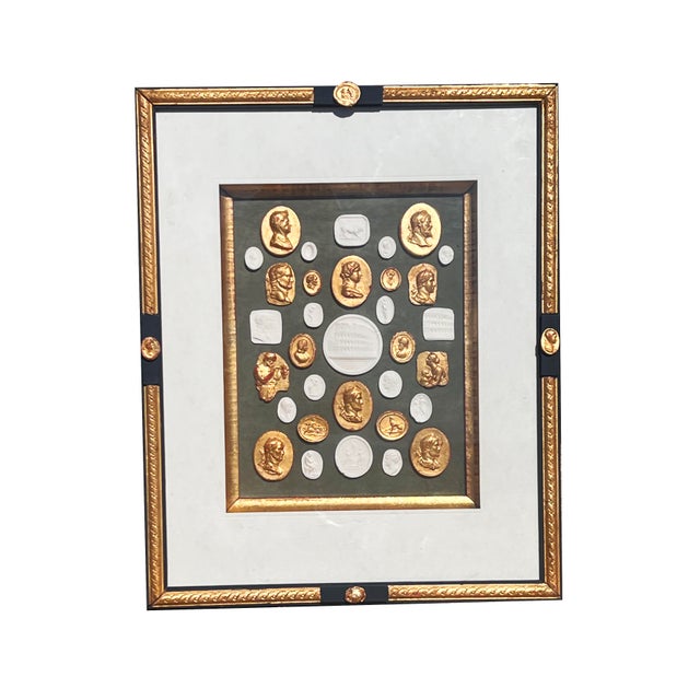 Grand Tour Neoclassical Revival Parcel Gilt and Painted Shadow Box Frame With Grand Tour Gilded & Plaster Intaglio Set For Sale - Image 3 of 11
