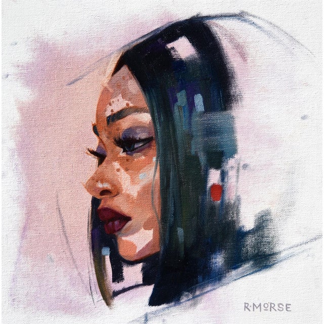 This oil on panel artwork presents a striking profile of a woman, characterized by soft, dappled tones that blend...