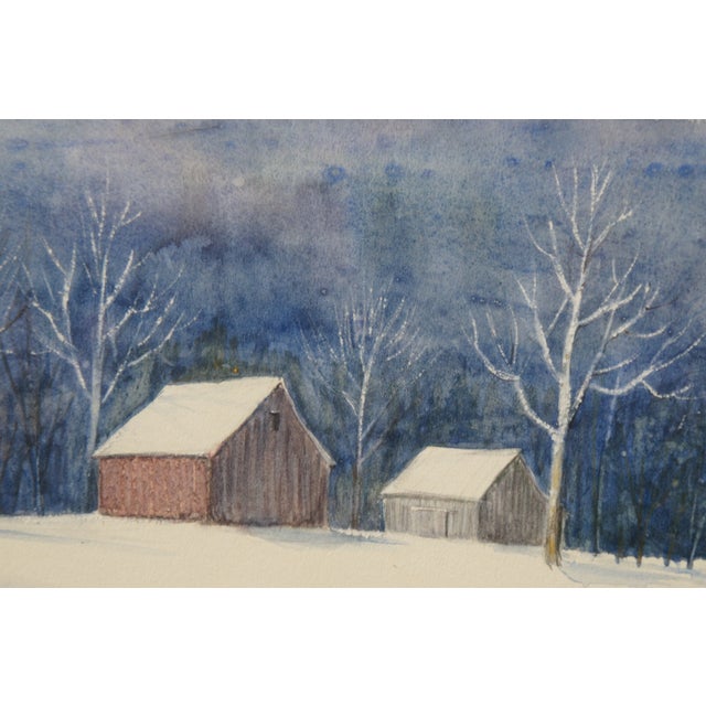 Wood Late 20th Century Mary Ellen Wilson Ohio Winter Farmhouse Landscape Watercolor Painting 34", Framed For Sale - Image 7 of 11