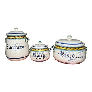 Mid 20th Century Hand Painted Italian Zucchero Aglio and Biscotti Canister Set- 3 Pieces For Sale