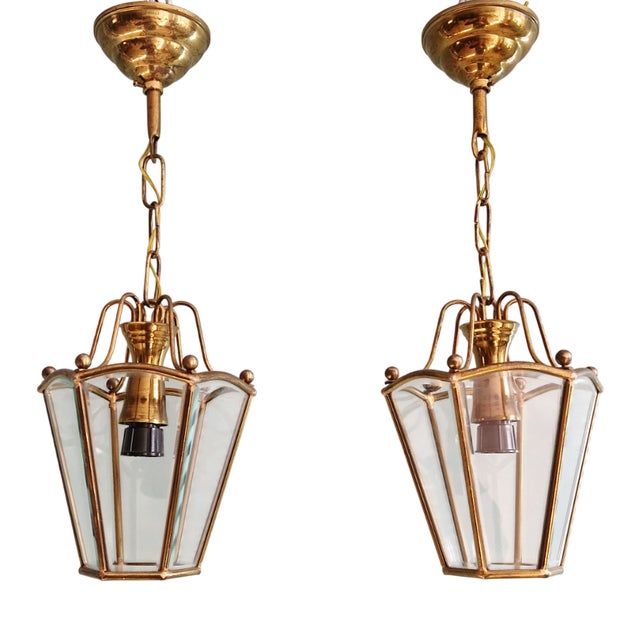 Brass and Beveled Glass Pendant Lights, 1950s-1960s, Set of 2 For Sale
