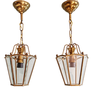 Brass and Beveled Glass Pendant Lights, 1960s, Set of 2