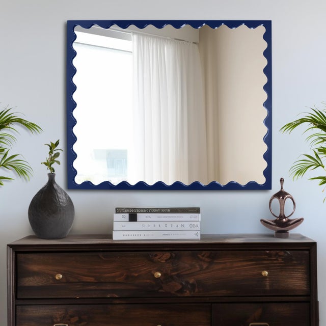 2020s Scalloped Navy Rectangle Mirror For Sale - Image 5 of 7