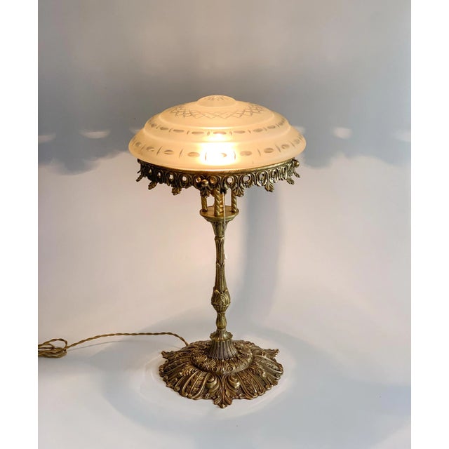 1930s Brass and Frosted Glass Living Room Table Lamp For Sale - Image 11 of 11