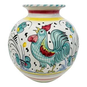 Large 10” Deruta Hand Painted Rooster Round Bulb Vase, Italy