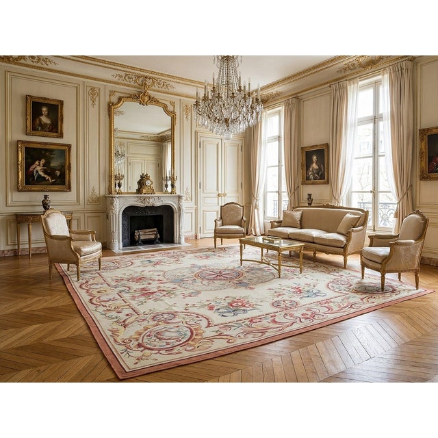 9x12 Vintage Aubusson Flat Weave Wool Rug, Louis XV Rosette Medallion For Sale - Image 11 of 13