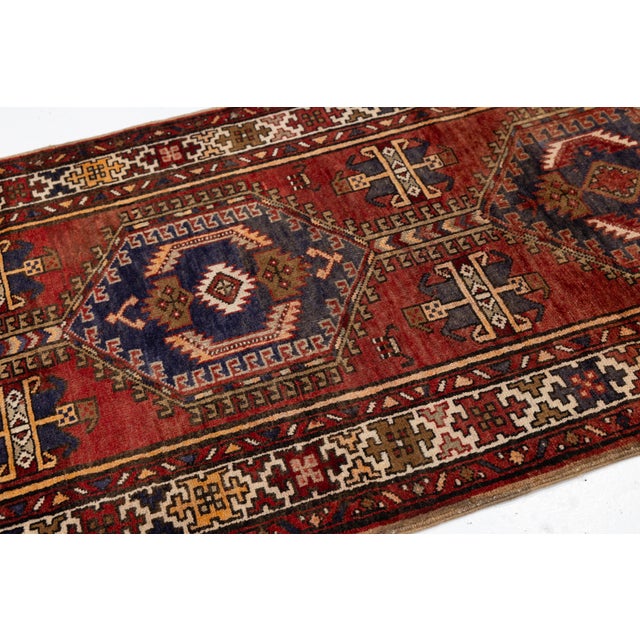 1950s Mid-Century Vintage Turkish Anatolian Hand-Knotted Wool Runner Rug in Terracotta & Indigo For Sale - Image 5 of 9