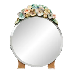 1930's English Country Floral "Barbola" Vintage Dressing Table Mirror Easel Back