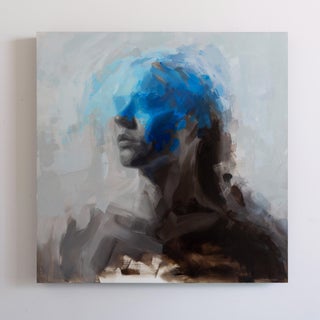 Storm by Josh Sorrell | Oil on Panel Abstract figure with blue accents in a muted background. For Sale