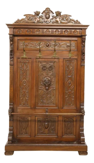 Antique Hall Tree, Italian Renaissance Revival, Carved Walnut, Dragons, C. 1900