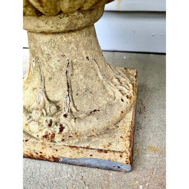 Mid 19th Century Pair 19th Century White Painted Cast Iron Garden Urns With Ring Handles and Masks For Sale - Image 5 of 17