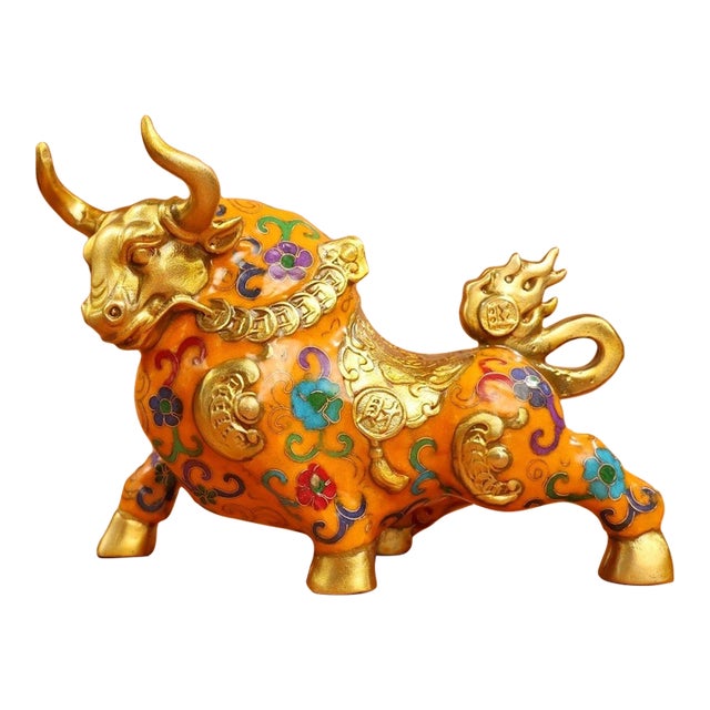 Late 20th Century Gilt Bronze Cloisonné Enamel Ox Figure With Coin Motif For Sale
