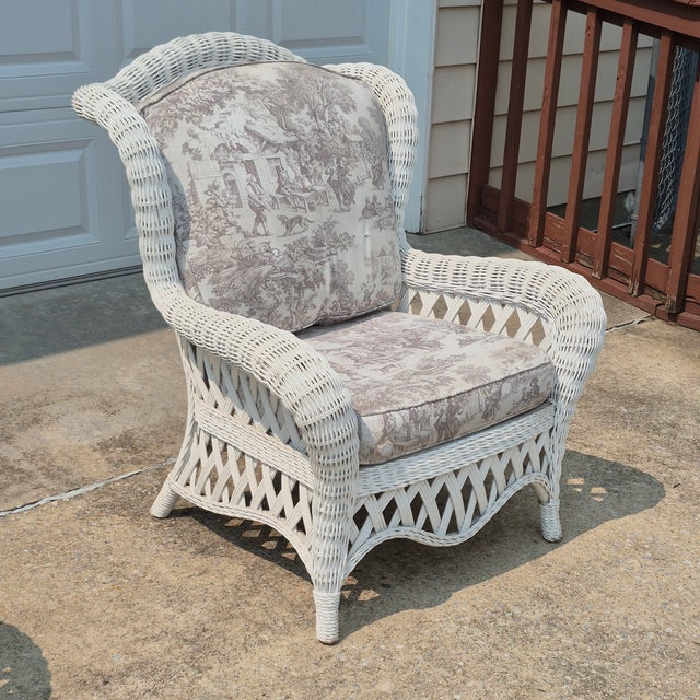 Late 20th Century Vintage White Wicker Large Wingback Lounge Chair W/ Toile Cushions For Sale - Image 15 of 15