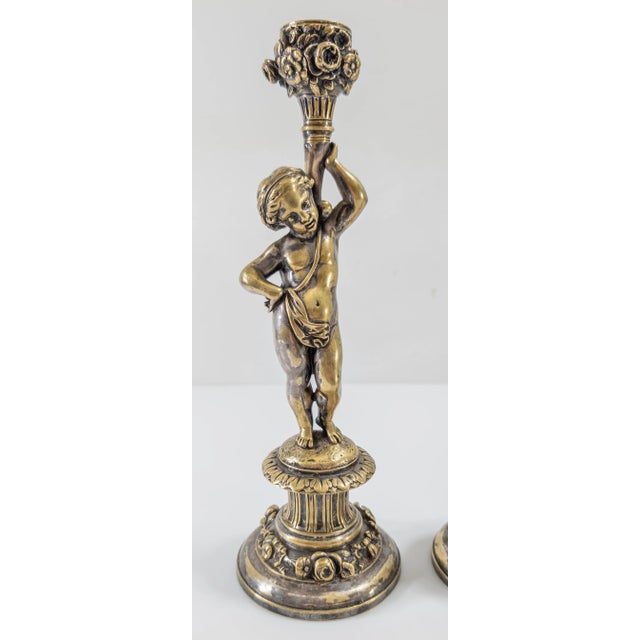 Mid 19th Century 19th Century Pair of French Silvered Bronze Candlestick in Cherub or Putti Form For Sale - Image 5 of 12