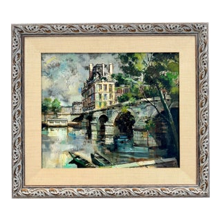 Mid-Century Expressionist Painting of Paris With Bridge Over Rriver Seine (Framed) - by Artist J. Warner For Sale