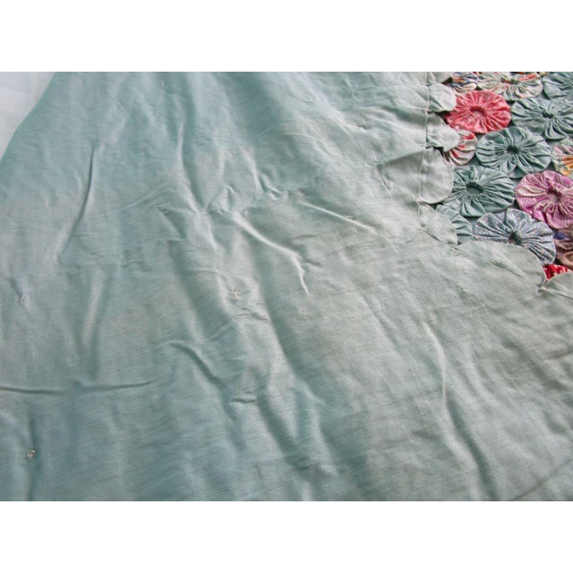 Jadeite Feedsack Yo Yo Quilt Trellis Pattern Floral Diamond Edges Queen Handmade 1930's For Sale - Image 14 of 17