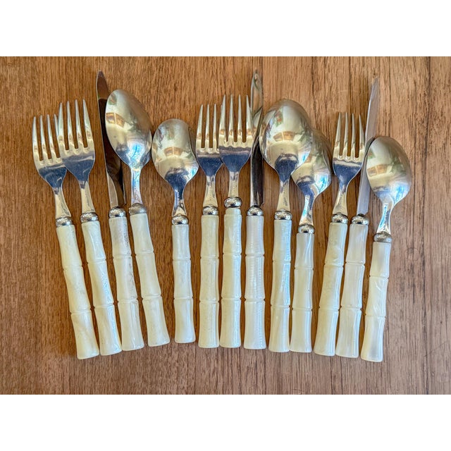 Vintage Italian Faux Mother of Pearl Bamboo Flatware For Sale - Image 4 of 10