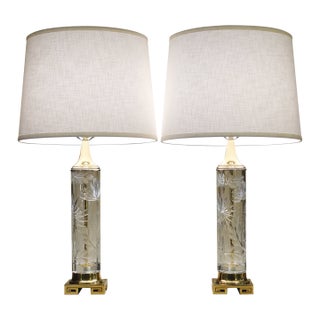 1960s Matched Pair Large Dresden Hollywood Regency Cut Crystal Glass Brass Column Table Lamps - a Pair For Sale
