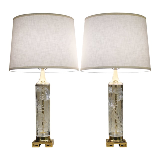 1960s Matched Pair Large Dresden Hollywood Regency Cut Crystal Glass Brass Column Table Lamps - a Pair For Sale
