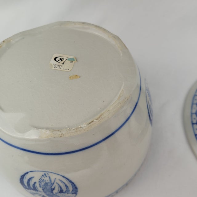 Vintage Blue and White Ceramic Lidded Bowl Crane Medallion Chinoiserie China For Sale - Image 9 of 13