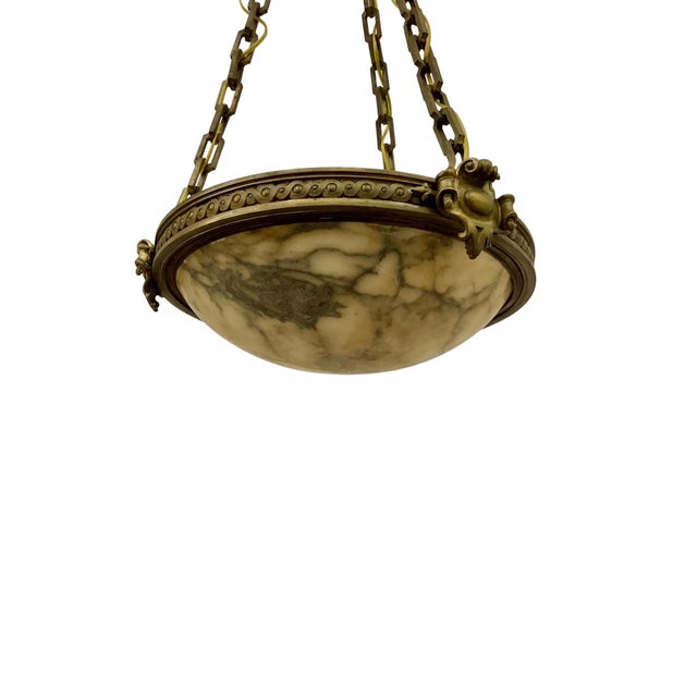 French Alabaster Dome Chandelier Pendant with Bronze Fittings For Sale - Image 4 of 9