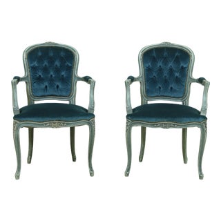 Pair French Louis XV Style Decorator Open Armchairs For Sale