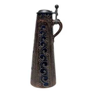 Vintage Art Nouveau Ceramic Pitcher in Navy, Chocolate Brown, Pewter For Sale