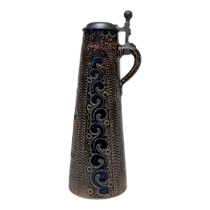 Vintage Art Nouveau Ceramic Pitcher in Navy, Chocolate Brown, Pewter