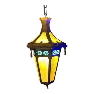 Vintage Gothic 6 Panel Stained Glass Swag Lamp Hanging Lantern For Sale