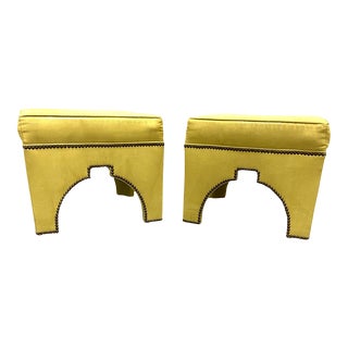 Moroccan Cut Out Brass Nailhead Square Large Ottomans- a Pair For Sale