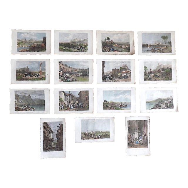 Authentic Antique Early J.D.Harding 19th Century Hand Colored Engraved Views of France - Set of 15 For Sale