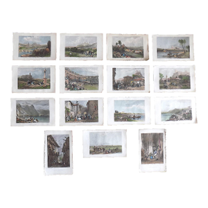 Authentic Antique Early J.D.Harding 19th Century Hand Colored Engraved Views of France - Set of 15