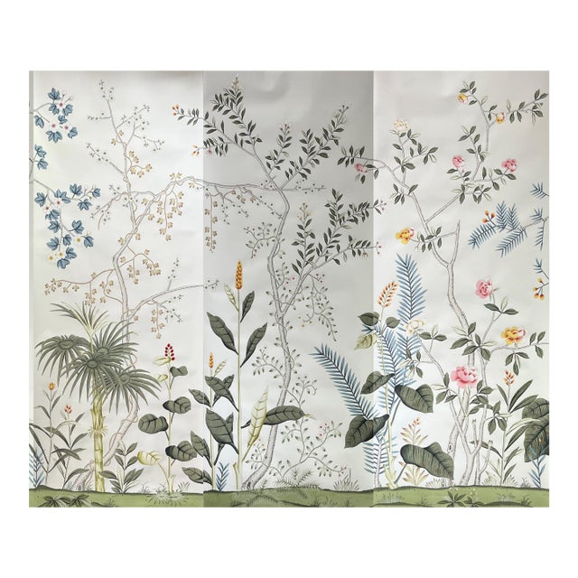 Chinoiserie Tropical Hand-Painted Wallpaper Panels, Soft Off-White Background With Floral & Palm Mural, Set of 3 For Sale