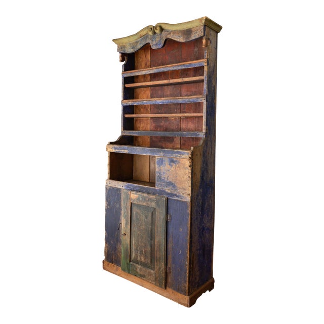 Rustic Blue Painted 19th Century Romanian Step Back Cupboard Cabinet For Sale