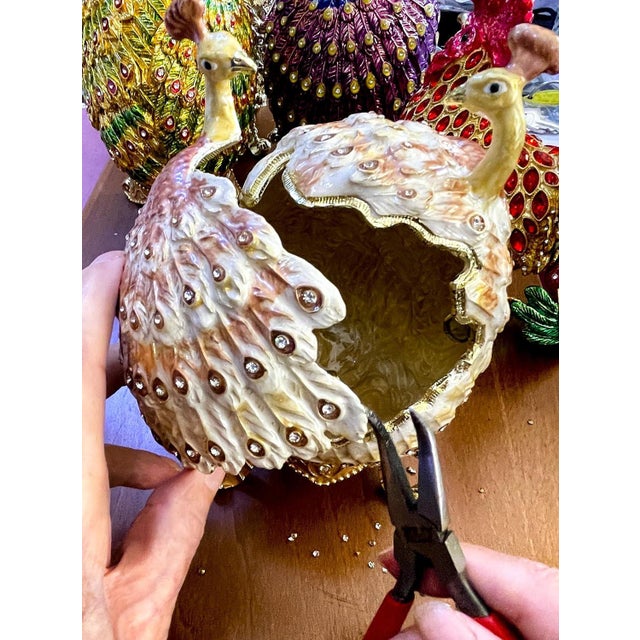 Pierre Lorren Handmade Faberge Egg Style Trinket Peacock Couple Fabergé Egg Style Austrian Crystal Diamond Pure Gold Deco Hand Painted For Sale - Image 10 of 16