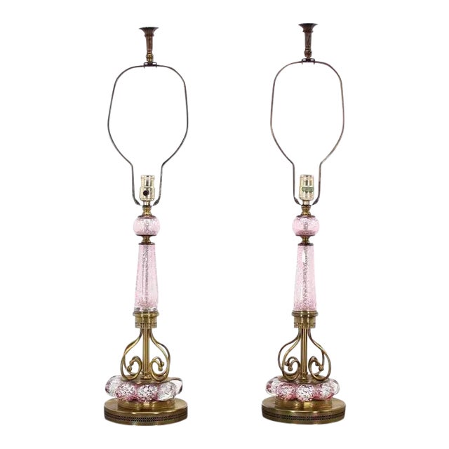 Vintage Mid Century Pink Murano Glass and Brass Table Lamps- a Pair For Sale - Image 10 of 10
