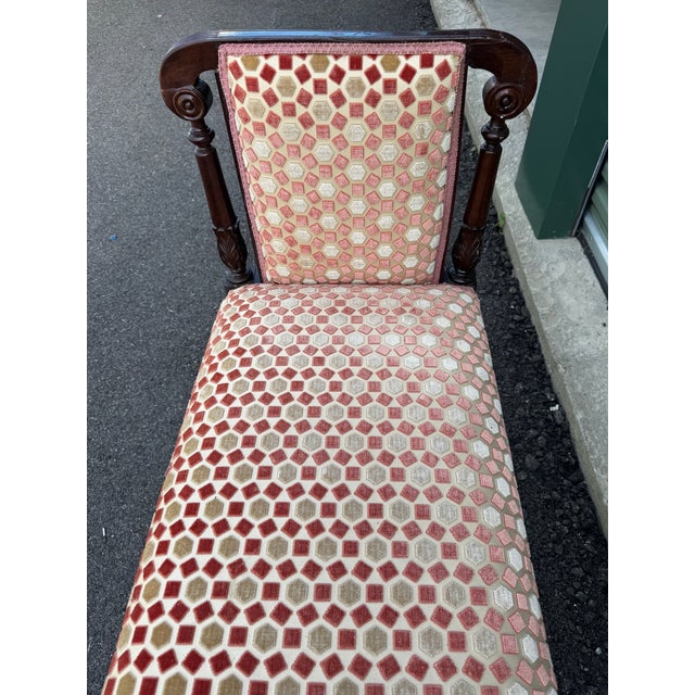 This is a Louis XVI style velvet upholstered window bench with scrolled arms and reeded legs. 19th century carved wood...