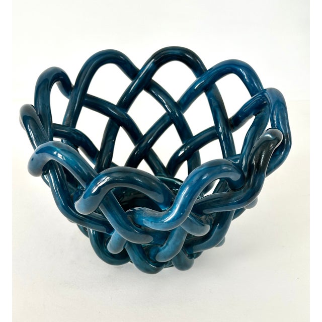 Hand Crafted Cerluean Blue Twisted Pottery Bowl For Sale - Image 12 of 16
