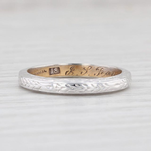 Metal: 18k White Gold, yellow gold interior Weight: 3.7 Grams Stamps: 18k Caldwell Engraved: JLF and LEL July 21 1919 Band...