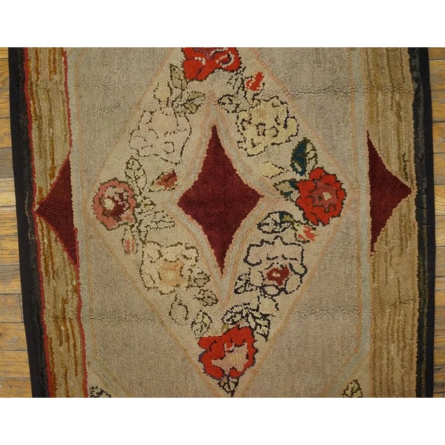 1890s Medallion Roses Beige Ground Folk Art Antique Amercian Hooked Small Rug For Sale - Image 9 of 9