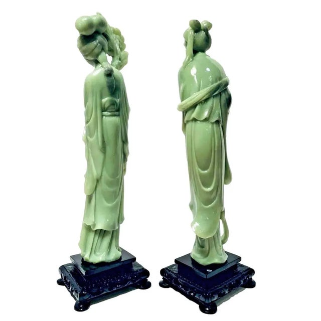 1960s Vintage 1960s Gino Ruggeri for Wony, Italy Faux Green Jade Japanese Couple Sculpture Figurines - Set of 2 For Sale - Image 5 of 11