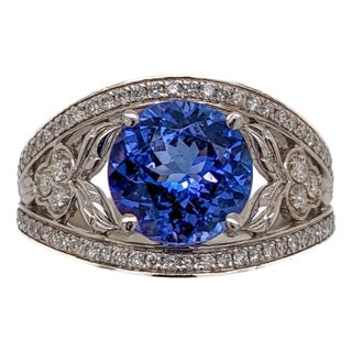 Intricate Design Tanzanite Ring W Diamond Accents in 14k White Gold Round Size 6.75 For Sale
