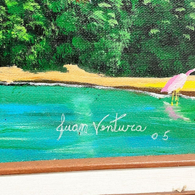 2000 - 2009 Large Tropical Hawaiian Scenic With Flamingos Oil on Canvas Signed For Sale - Image 5 of 8
